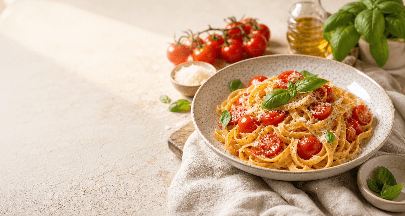 Pasta italiana con pomodorini, basilico e ingredienti freschi su un tavolo caldo